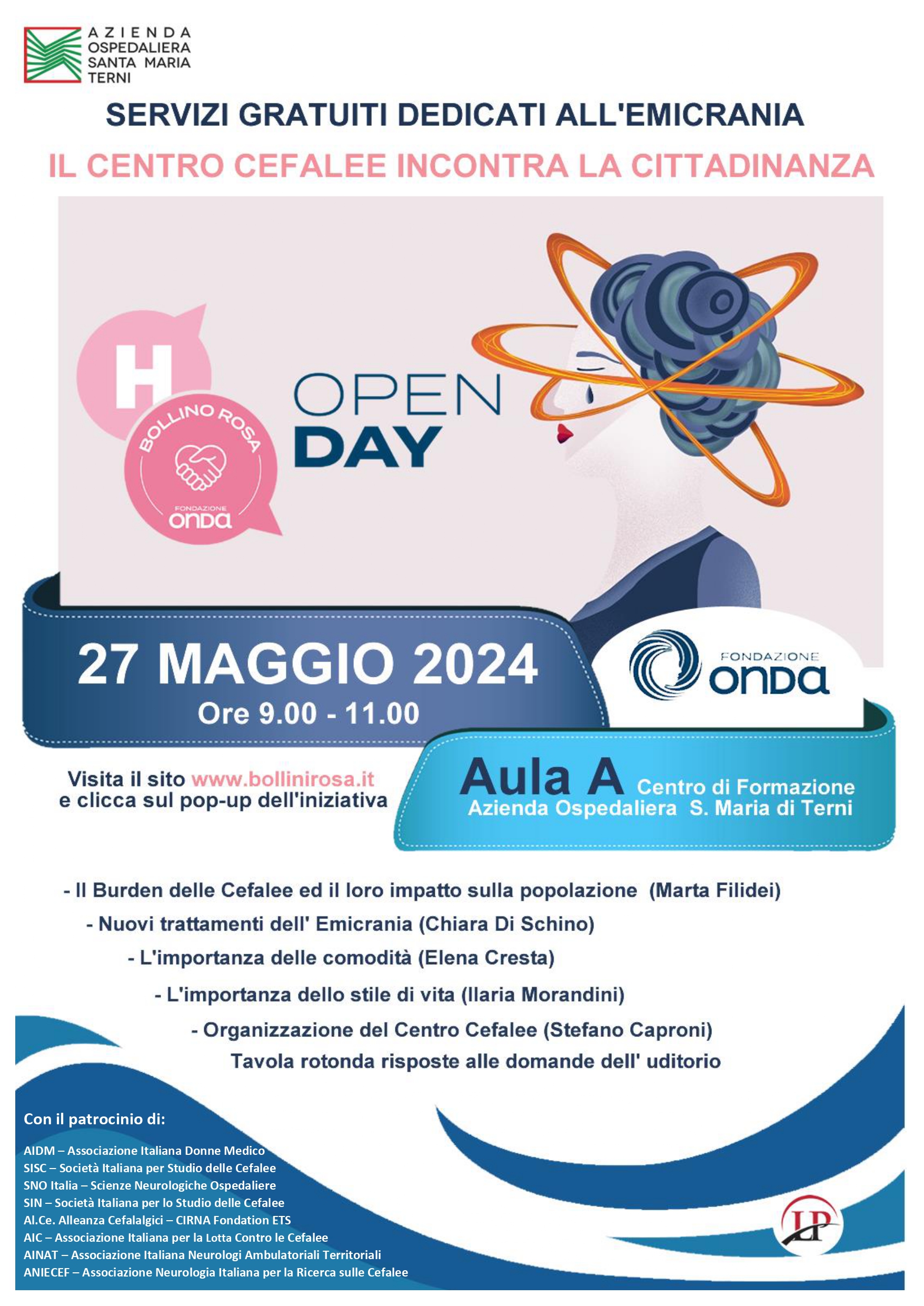 Locandina con programma dell'Open day informativo del Centro Cefalee 90